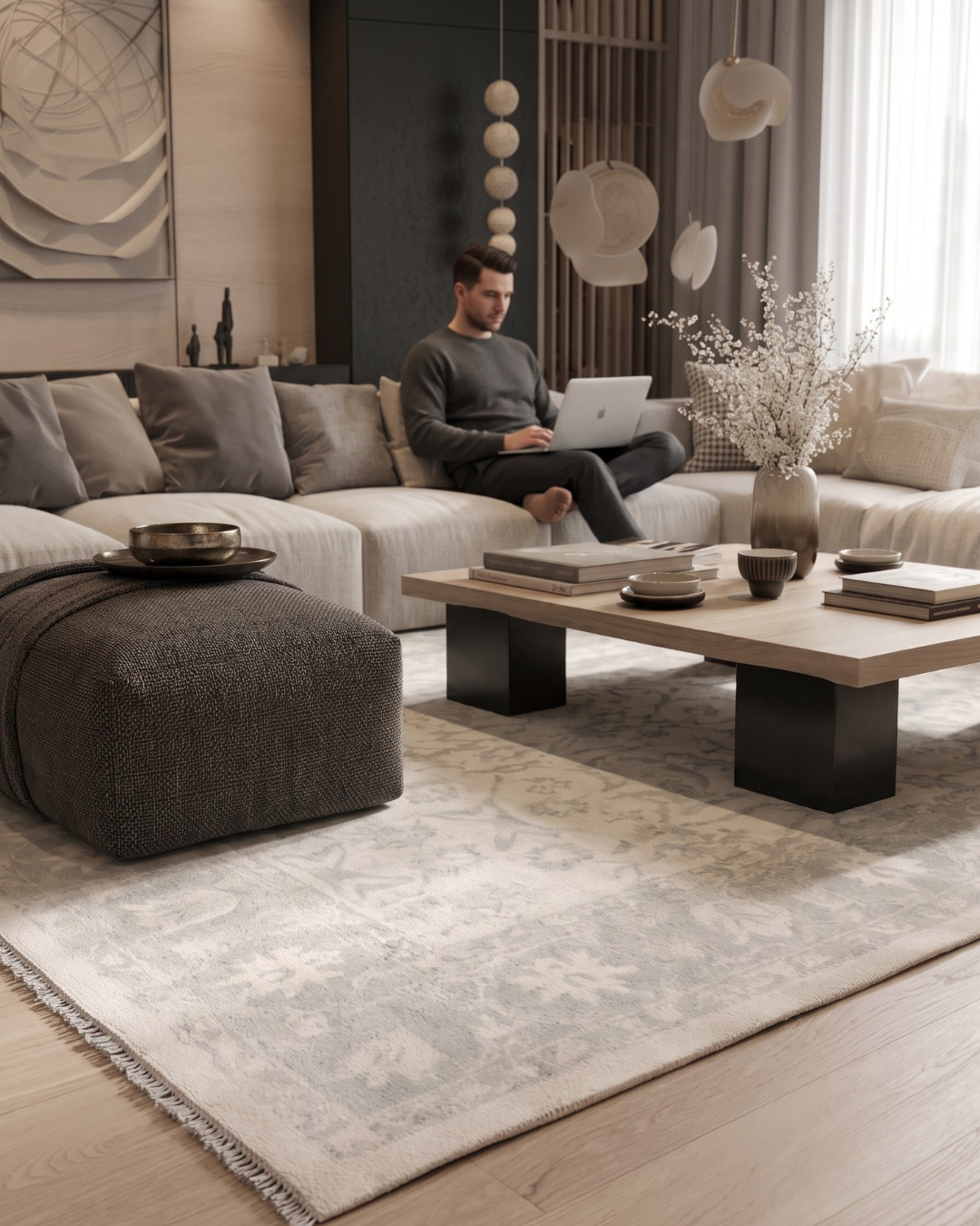 Artisan Emma Cream Style Shot — Cream rug with a subtle tonal pattern in a neutral living room.