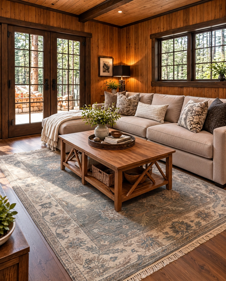 Artisan Emma Light Grey Ivory Living Room Shot — Light grey and ivory traditional rug in a warm, wood-paneled living room.