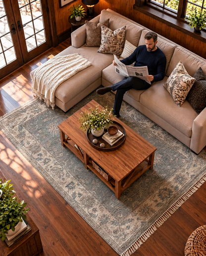 Artisan Emma Light Grey Ivory Style Shot — Light grey and ivory floral rug beside a cream sofa and brick fireplace.