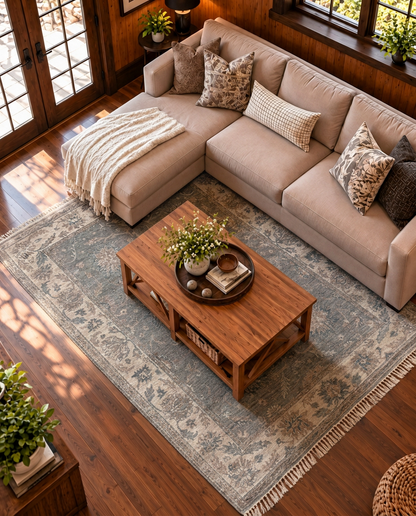 Artisan Emma Light Grey Ivory Living Room Overhead Shot — Overhead view of a light grey and ivory rug beneath a wooden coffee table.