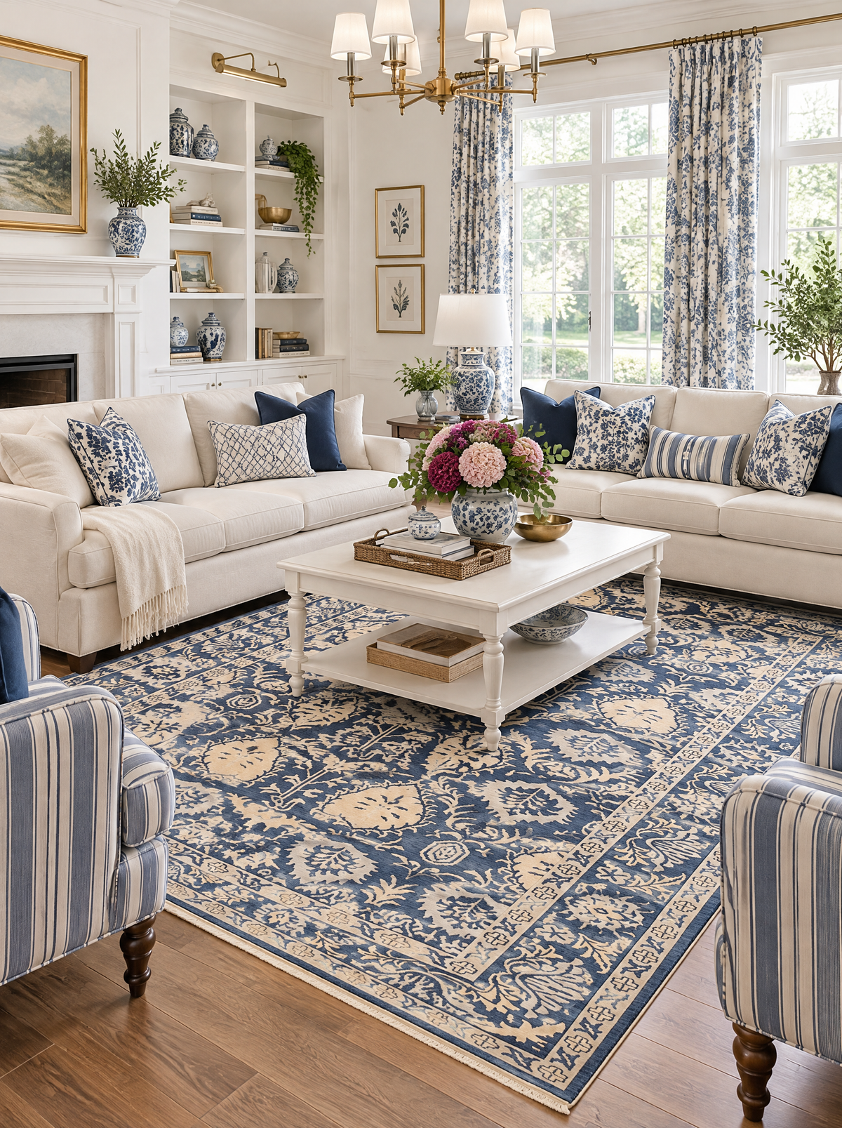 Artisan Emma Navy Living Room Shot — Navy traditional floral rug in a bright living room with blue accents.