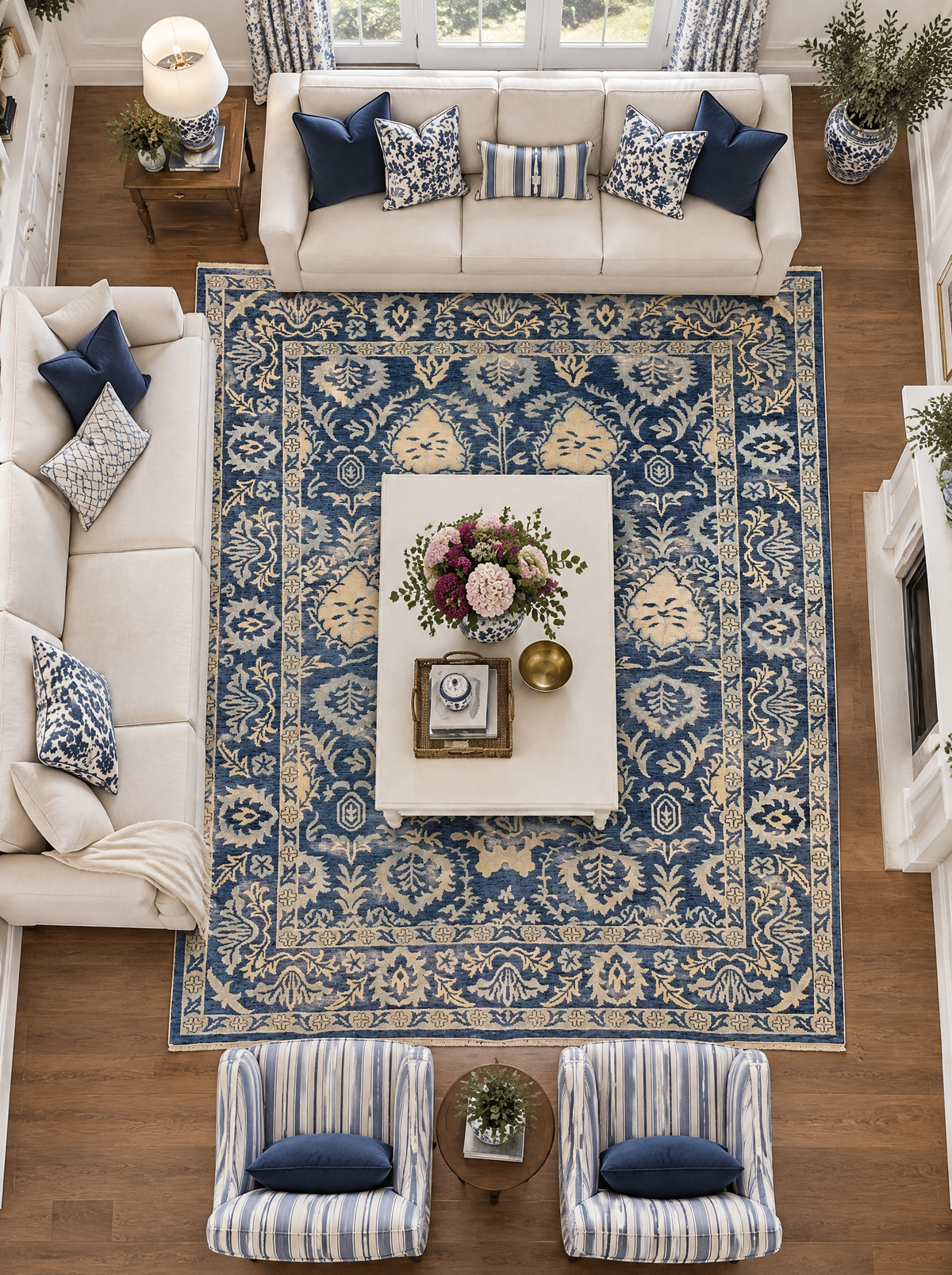 Artisan Emma Navy Living Room Overhead Shot — Overhead view of a navy and ivory floral rug surrounded by cream seating.