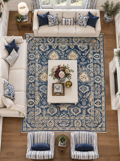 Artisan Emma Navy Living Room Overhead Shot — Overhead view of a navy and ivory floral rug surrounded by cream seating.