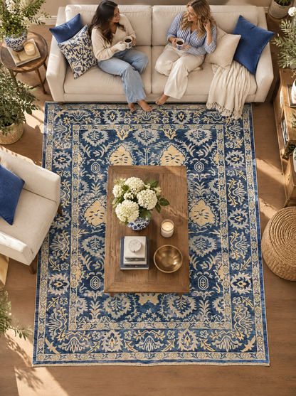Artisan Emma Navy Style Shot — Navy floral rug beneath a wooden coffee table, with two women seated nearby.