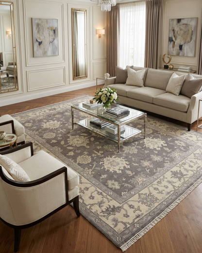 Artisan Emma Pewter Beige Living Room Shot — Pewter and beige floral rug with fringe in an elegant living room.