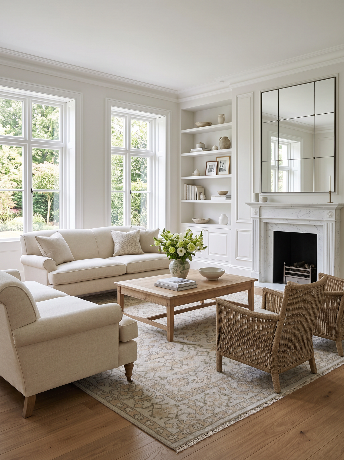 Artisan Emma Silver Living Room Shot — Silver traditional rug anchoring a neutral living room with cream sofas.
