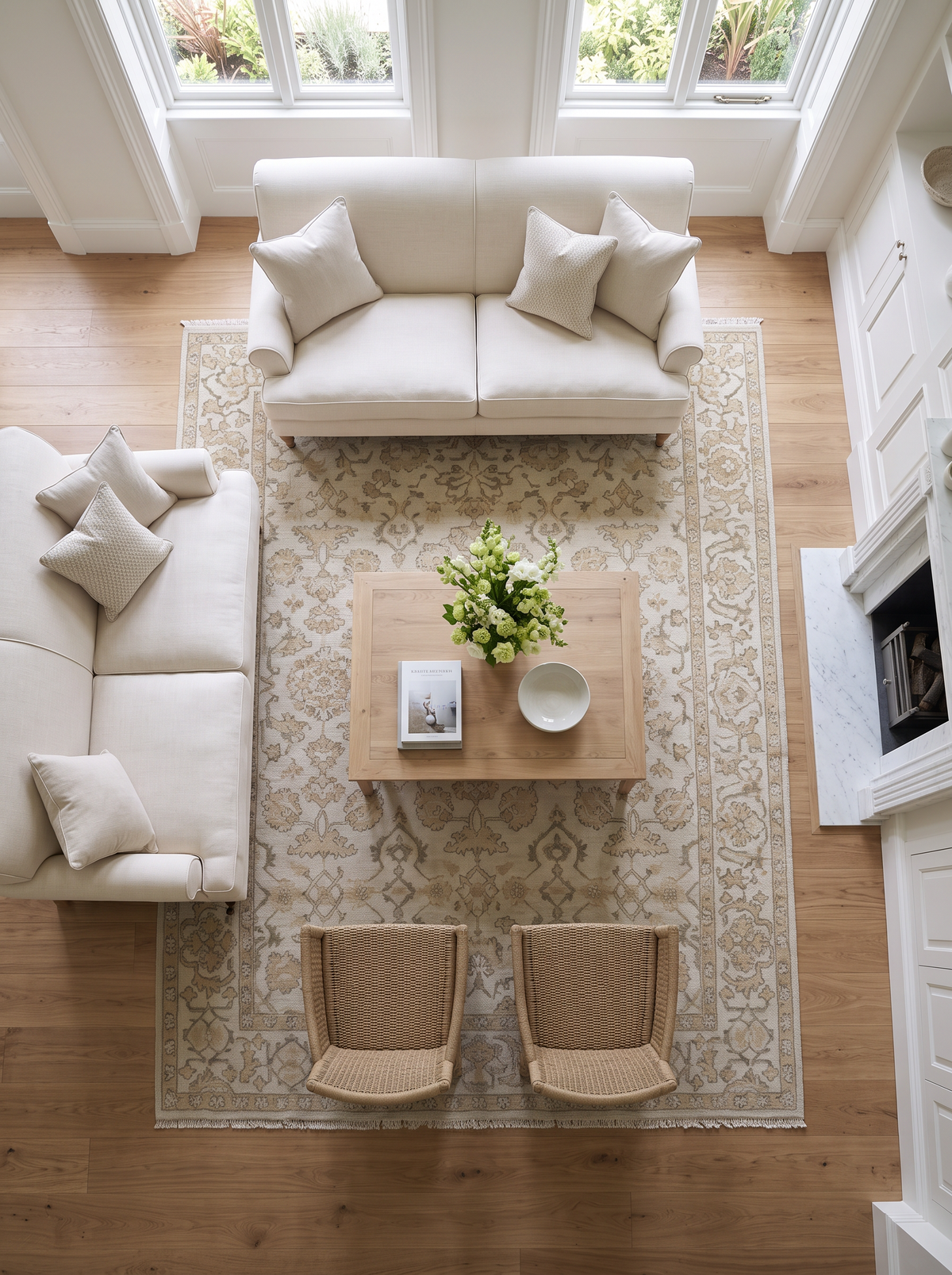 Artisan Emma Silver Living Room Overhead Shot — Overhead view of a silver floral rug beneath a wooden coffee table.