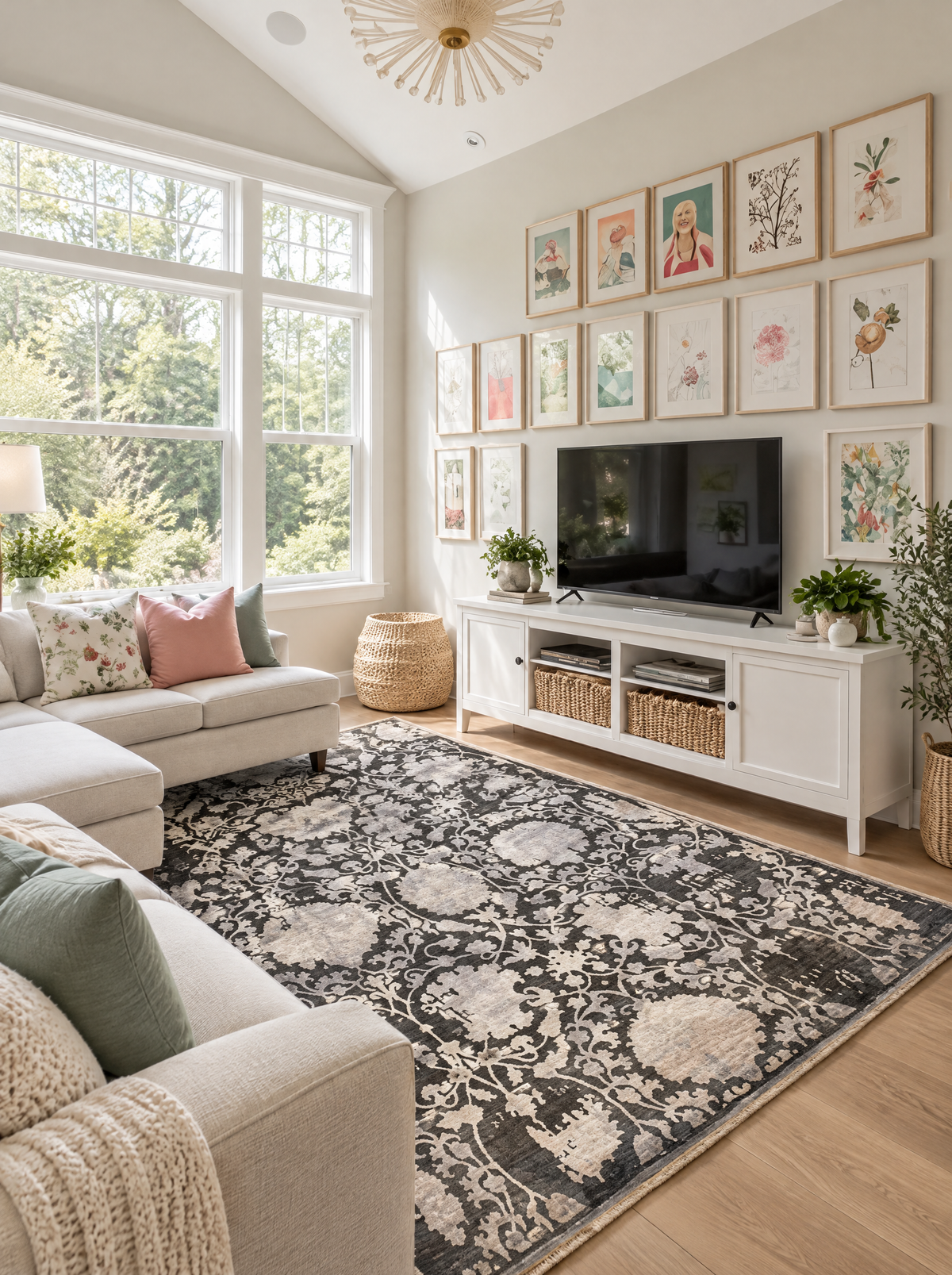 Artisan Emma Slate Living Room Style Shot — Slate floral rug with fringe beside a sofa, with a dog and cat playing.
