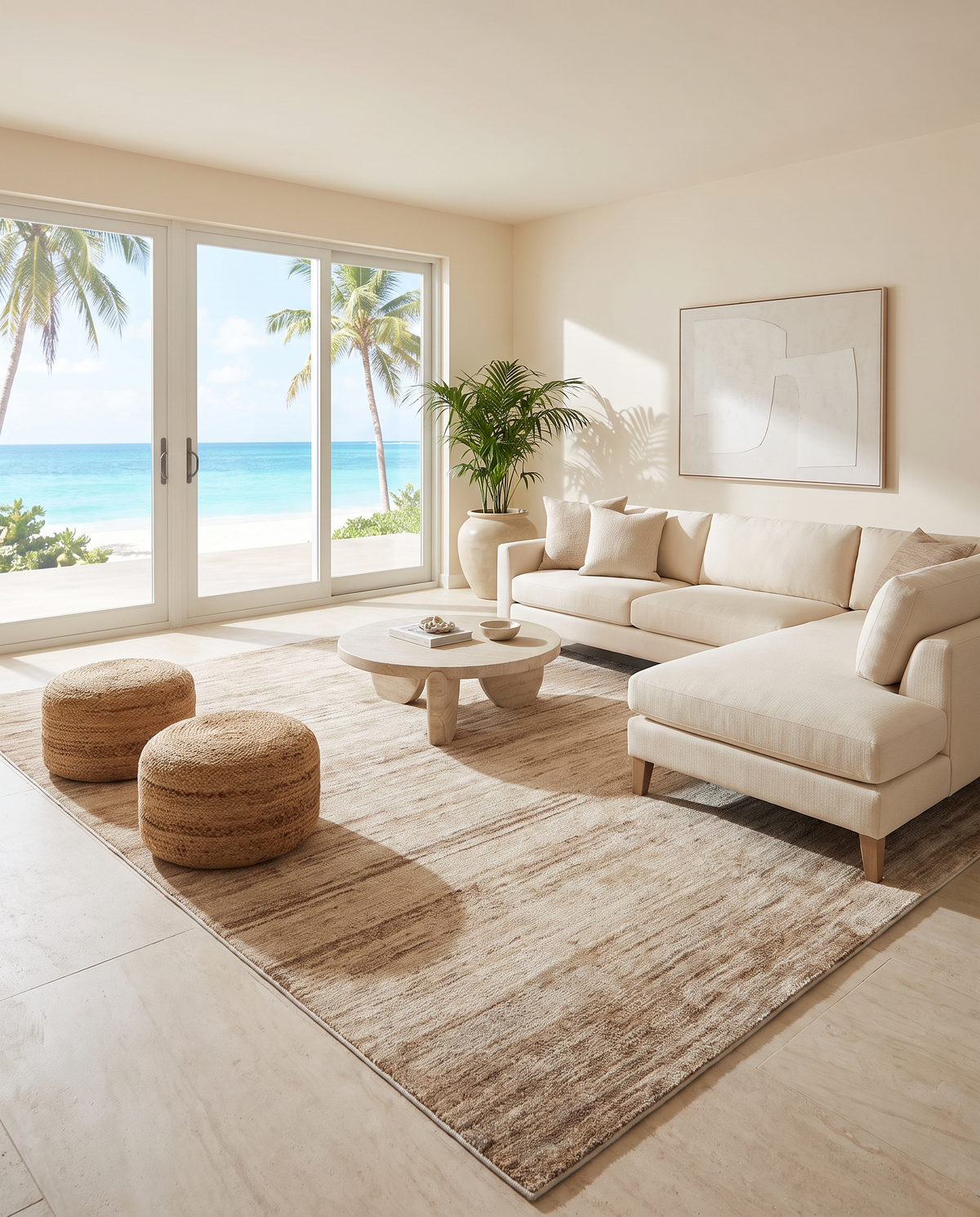 Artisan Natural Weave Ivory Living Room Shot — Textured ivory rug beneath a round coffee table in a bright coastal living room.