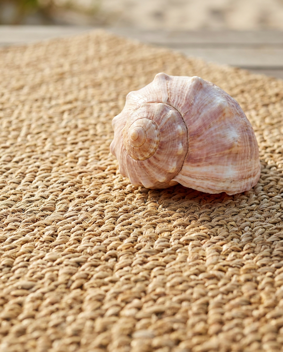 Artisan Natural Weave KM102 Natural Style Shot — Close-up of a natural rug’s chunky woven texture with a decorative seashell.