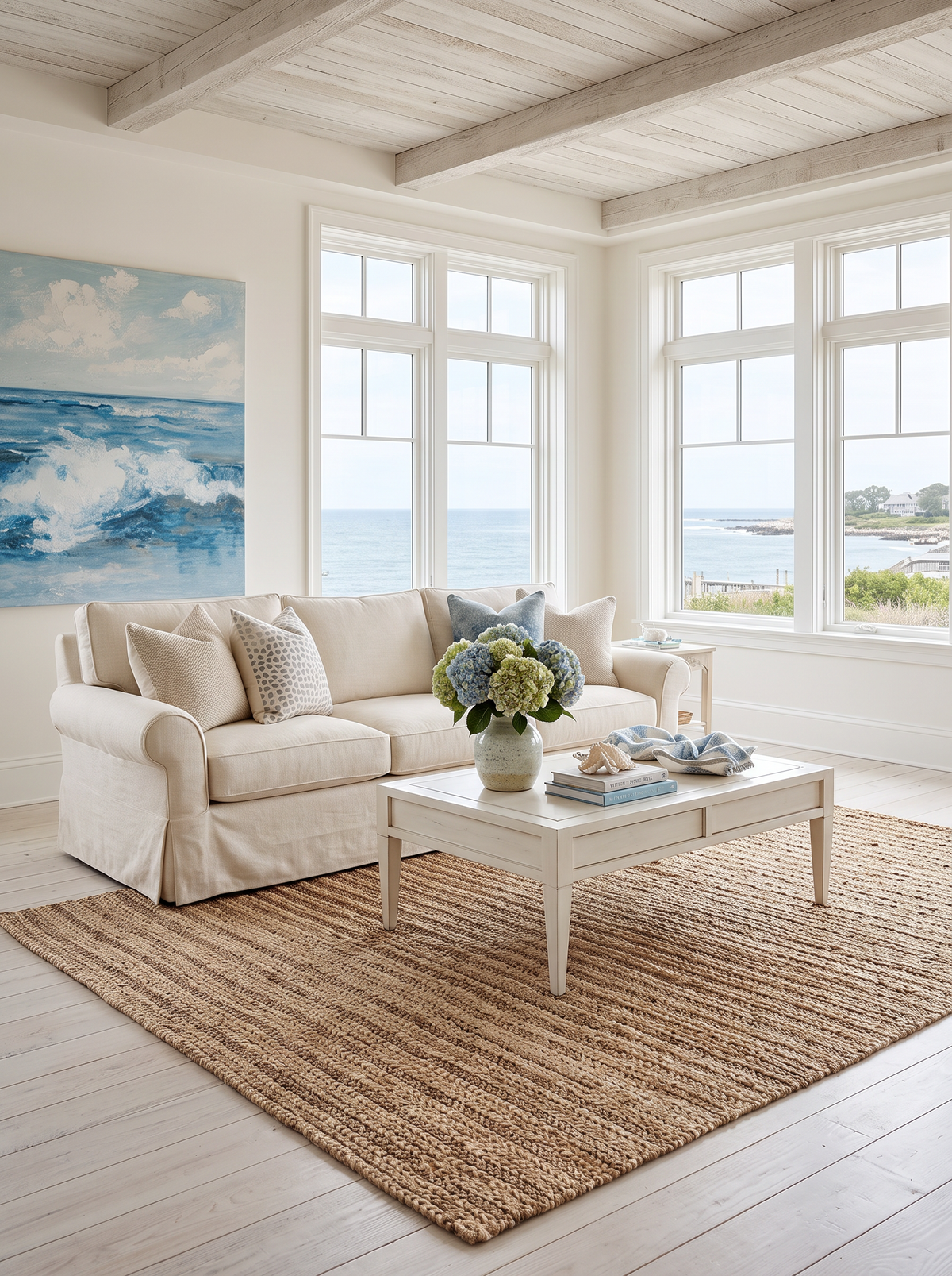Artisan Natural Weave KM103 Natural Living Room Shot — Natural woven rug with linear texture beneath a white coffee table and cream sofa.