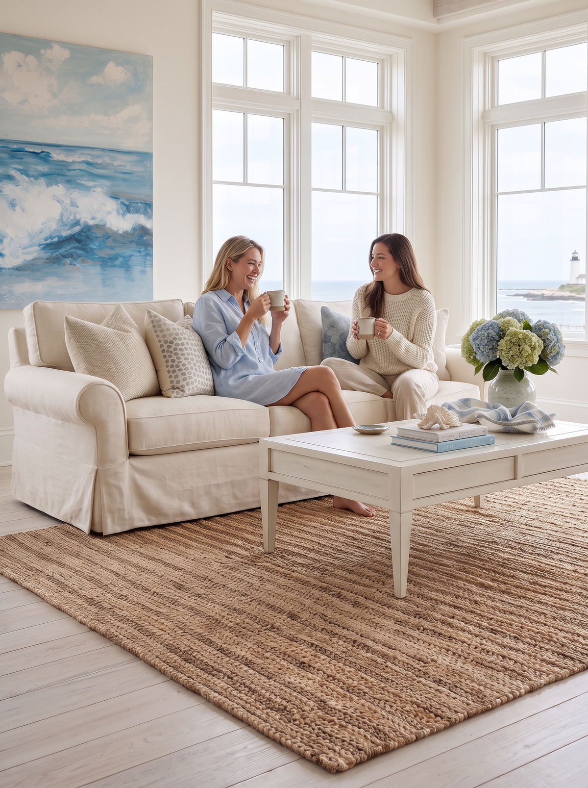 Artisan Natural Weave KM103 Natural Style Shot — Ribbed natural woven rug beside a white sofa in a sunlit living room.