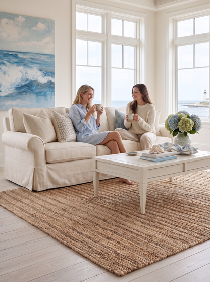 Artisan Natural Weave KM103 Natural Style Shot — Ribbed natural woven rug beside a white sofa in a sunlit living room.