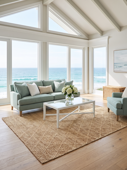 Artisan Natural Weave KM104 Natural Living Room Shot — Natural geometric-patterned rug beneath a white coffee table in a coastal living room.