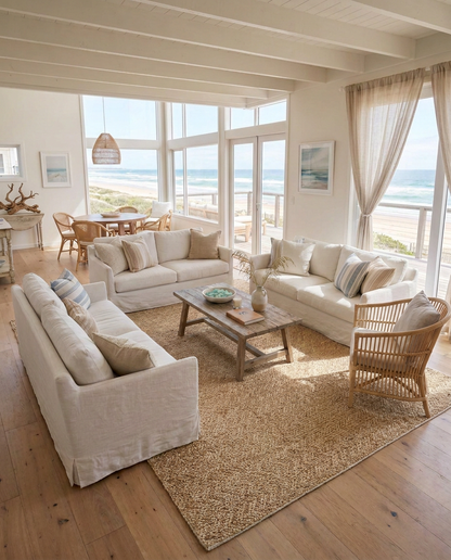 Artisan Natural Weave KM102 Natural Living Room Shot — Textured natural area rug with cream seating in an ocean-view living room.