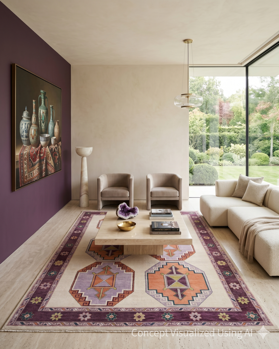 Artisan Blossom Ivory Aubergine Traditional Knotted Rug for Living Room
