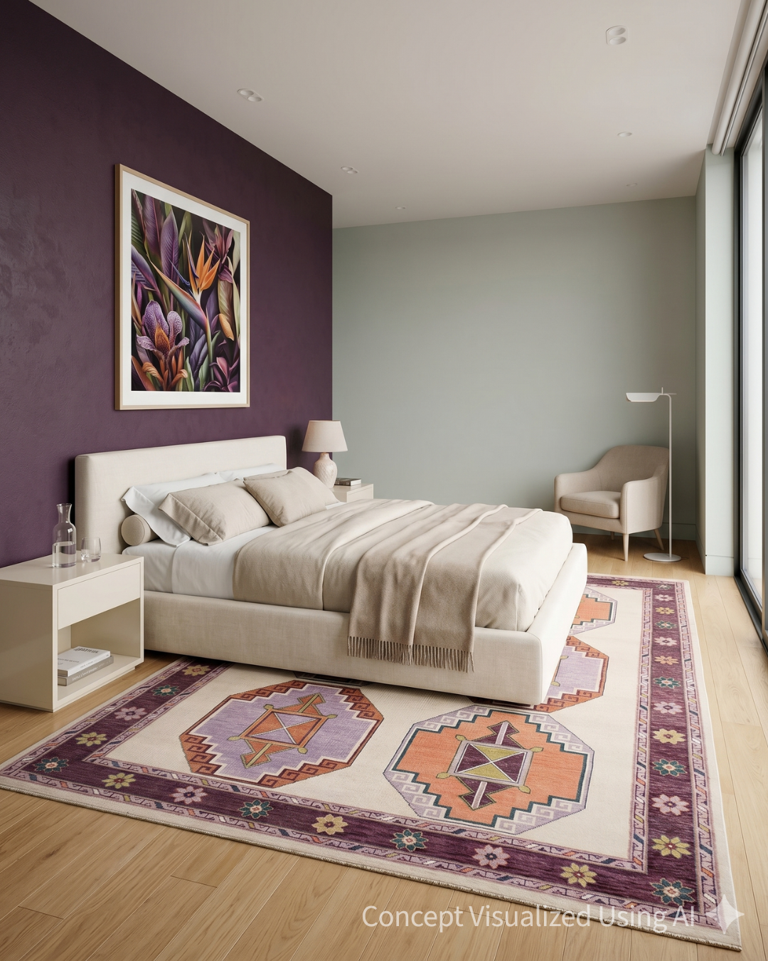 Artisan Blossom Ivory Aubergine Traditional Knotted Rug for Bedroom
