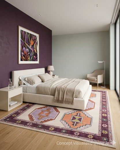 Artisan Blossom Ivory Aubergine Traditional Knotted Rug for Bedroom