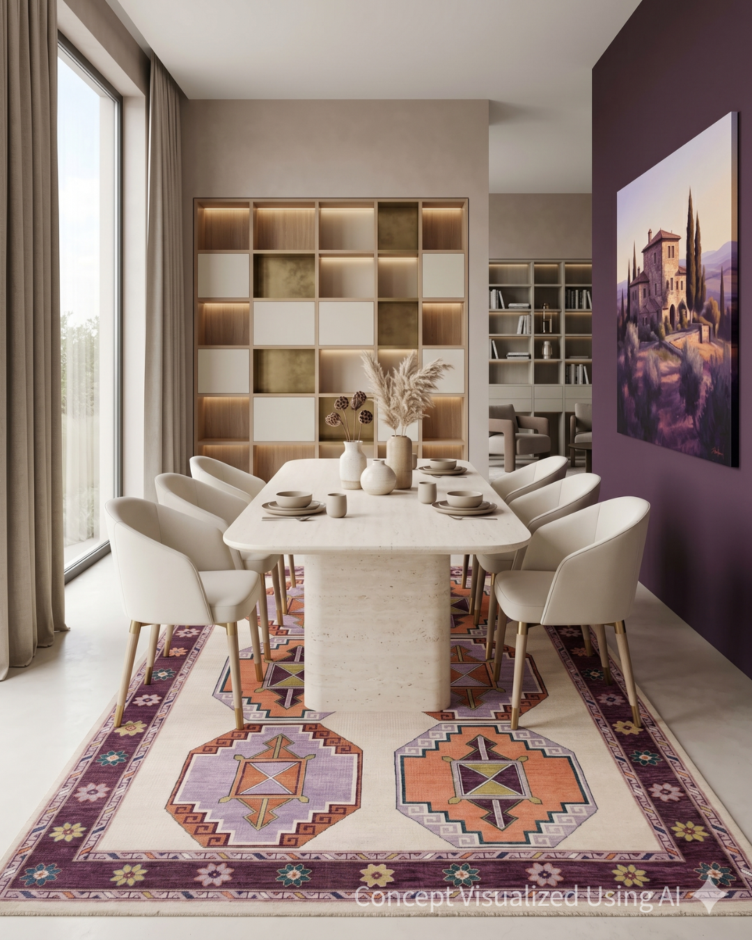 Artisan Blossom Ivory Aubergine Traditional Knotted Rug for Dining Room