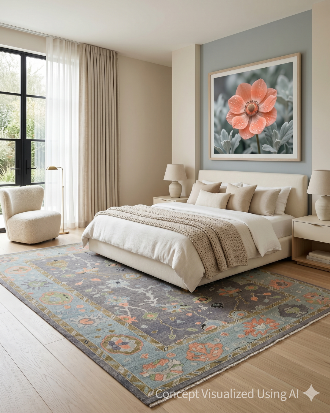 Artisan Blossom FB-536 Grey Traditional Knotted Rug for Bedroom