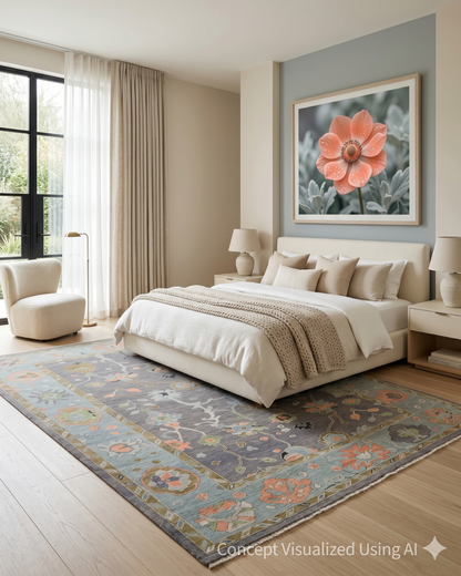 Artisan Blossom FB-536 Grey Traditional Knotted Rug for Bedroom