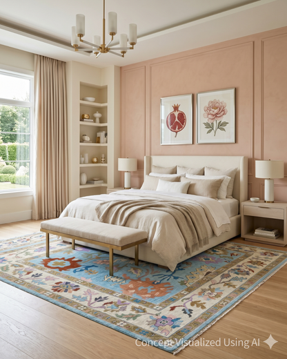 Artisan Blossom  Blue Beige Traditional Knotted Rug for Bedroom
