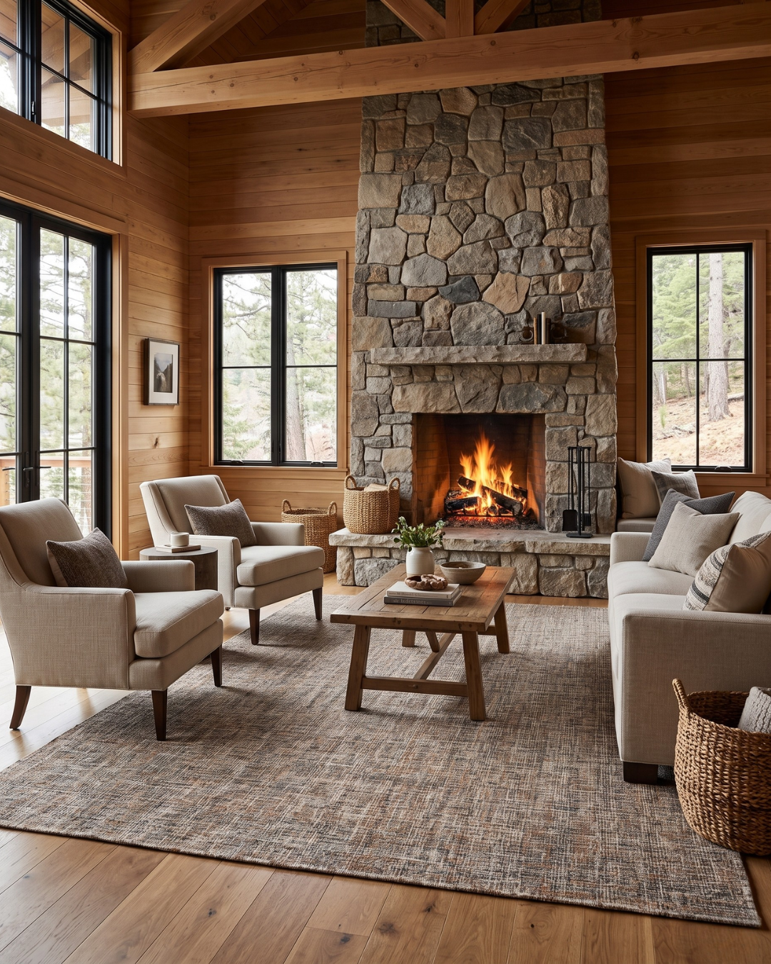 Dalyn Rugs Abruzzo AZ1 Putty Living Room: Putty area rug by Dalyn Rugs in a warm living room with fireplace.