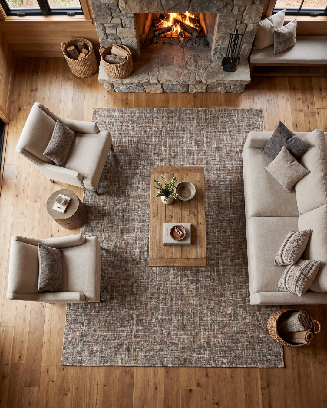Dalyn Rugs Abruzzo AZ1 Putty Overhead: Overhead view of a putty area rug by Dalyn Rugs in a living room.