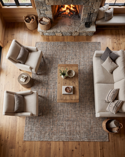 Dalyn Rugs Abruzzo AZ1 Putty Overhead: Overhead view of a putty area rug by Dalyn Rugs in a living room.