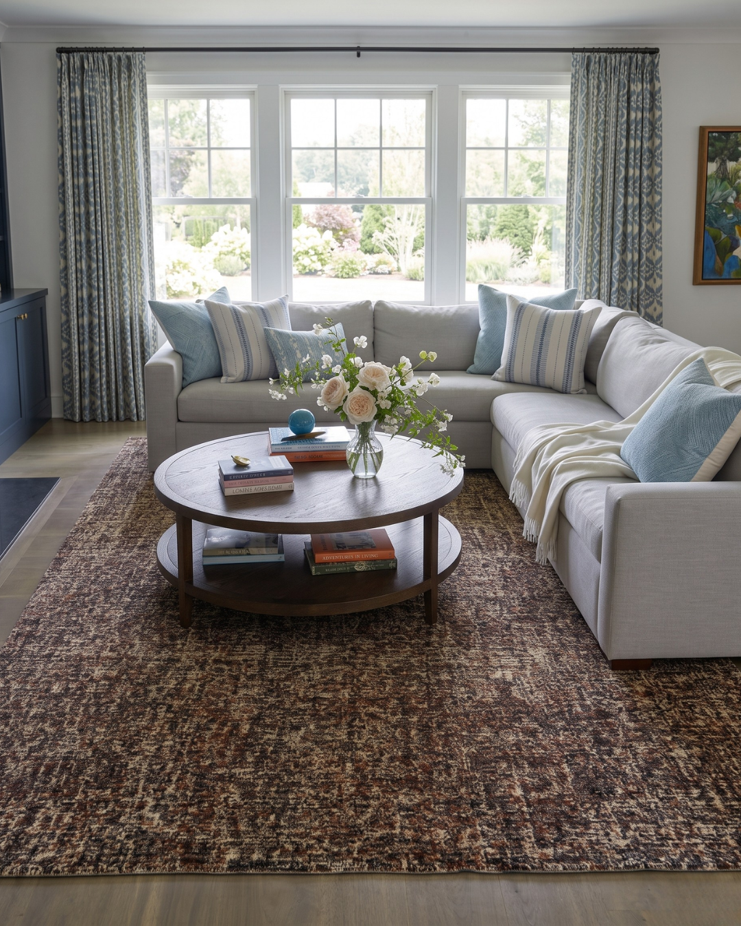 Dalyn Rugs Calisa CS5 Kaleidoscope Living Room: Kaleidoscope area rug by Dalyn Rugs in a bright neutral living room.