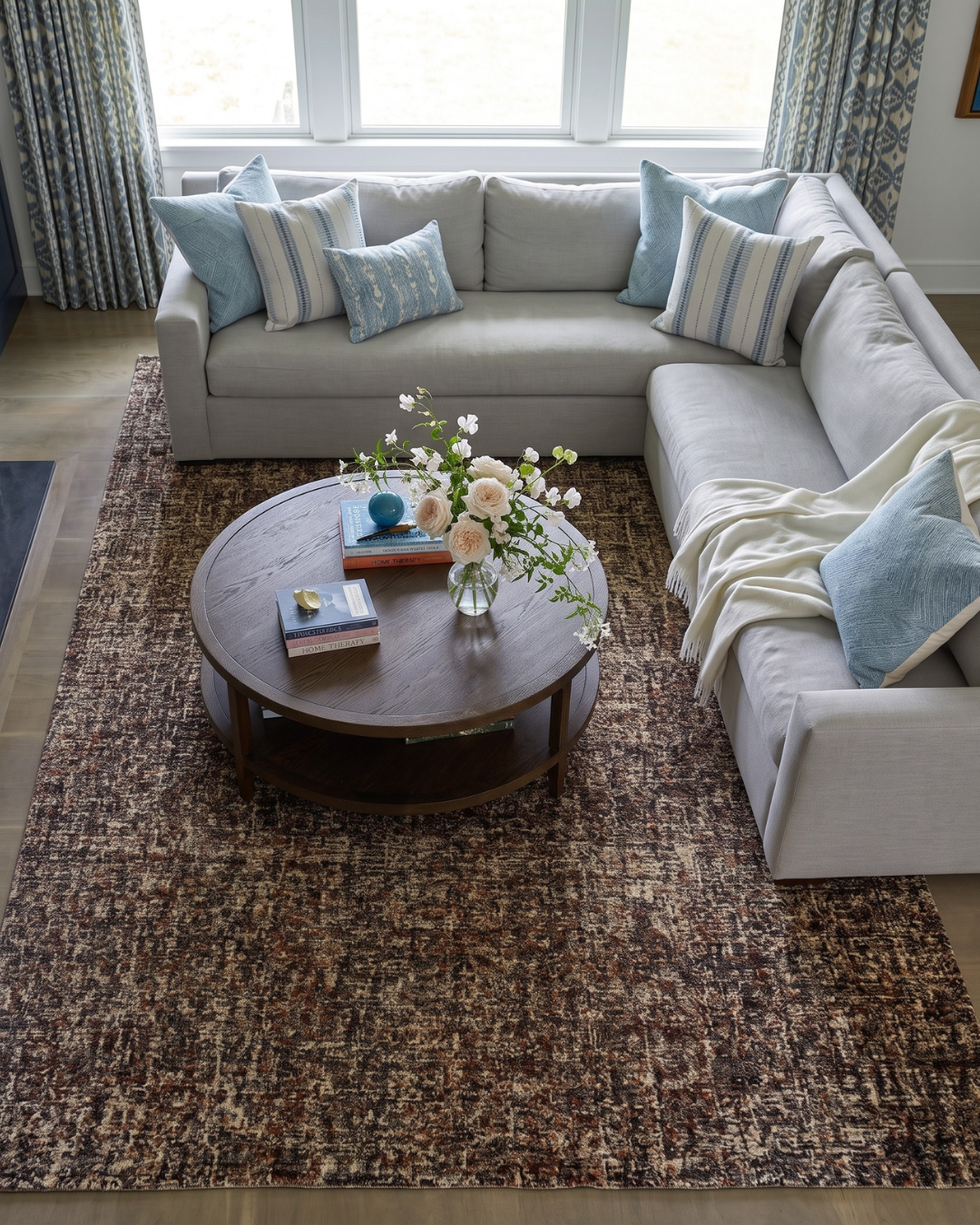 Dalyn Rugs Calisa CS5 Kaleidoscope Overhead: Overhead view of a Kaleidoscope rug by Dalyn Rugs beneath living room furniture.