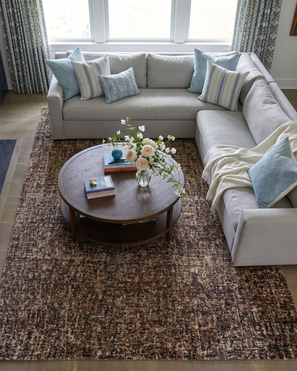 Dalyn Rugs Calisa CS5 Kaleidoscope Overhead: Overhead view of a Kaleidoscope rug by Dalyn Rugs beneath living room furniture.