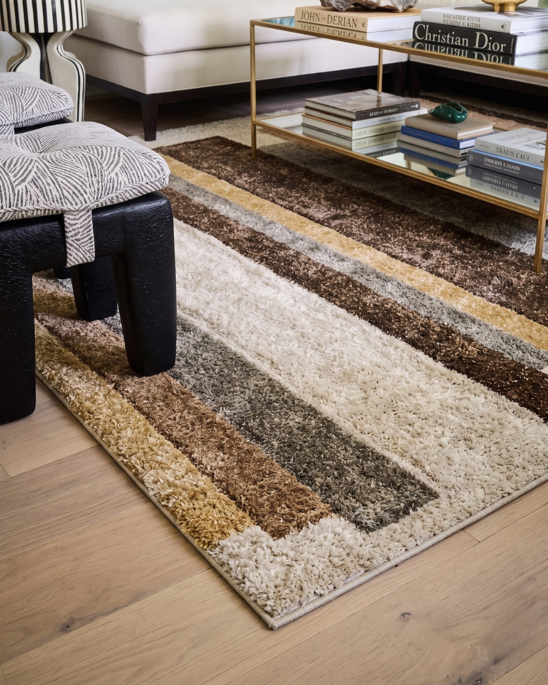 Dalyn Rugs Carmona CO2 Flax Corner: Flax geometric shag rug by Dalyn Rugs with cream, brown, gray, and gold tones.