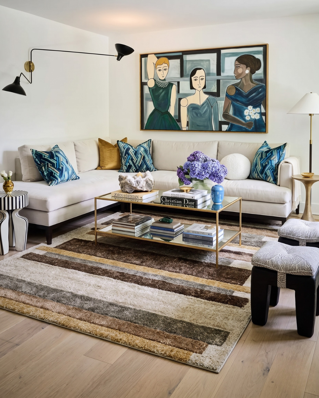 Dalyn Rugs Carmona CO2 Flax Living Room: Flax striped area rug by Dalyn Rugs in an elegant contemporary living room.