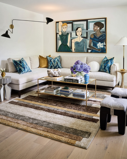 Dalyn Rugs Carmona CO2 Flax Living Room: Flax striped area rug by Dalyn Rugs in an elegant contemporary living room.