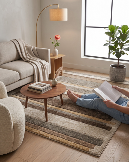 Dalyn Rugs Carmona CO2 Flax Style: Flax striped rug by Dalyn Rugs styled in a cozy modern living room.