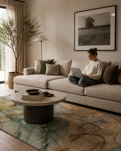 OY1 Taupe Style: Abstract taupe and green rug with gold accents.