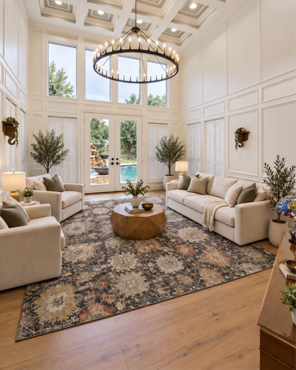 Dalyn Rugs Aristo AR6 Black Living Room — Black multicolor floral area rug in a spacious elegant living room.