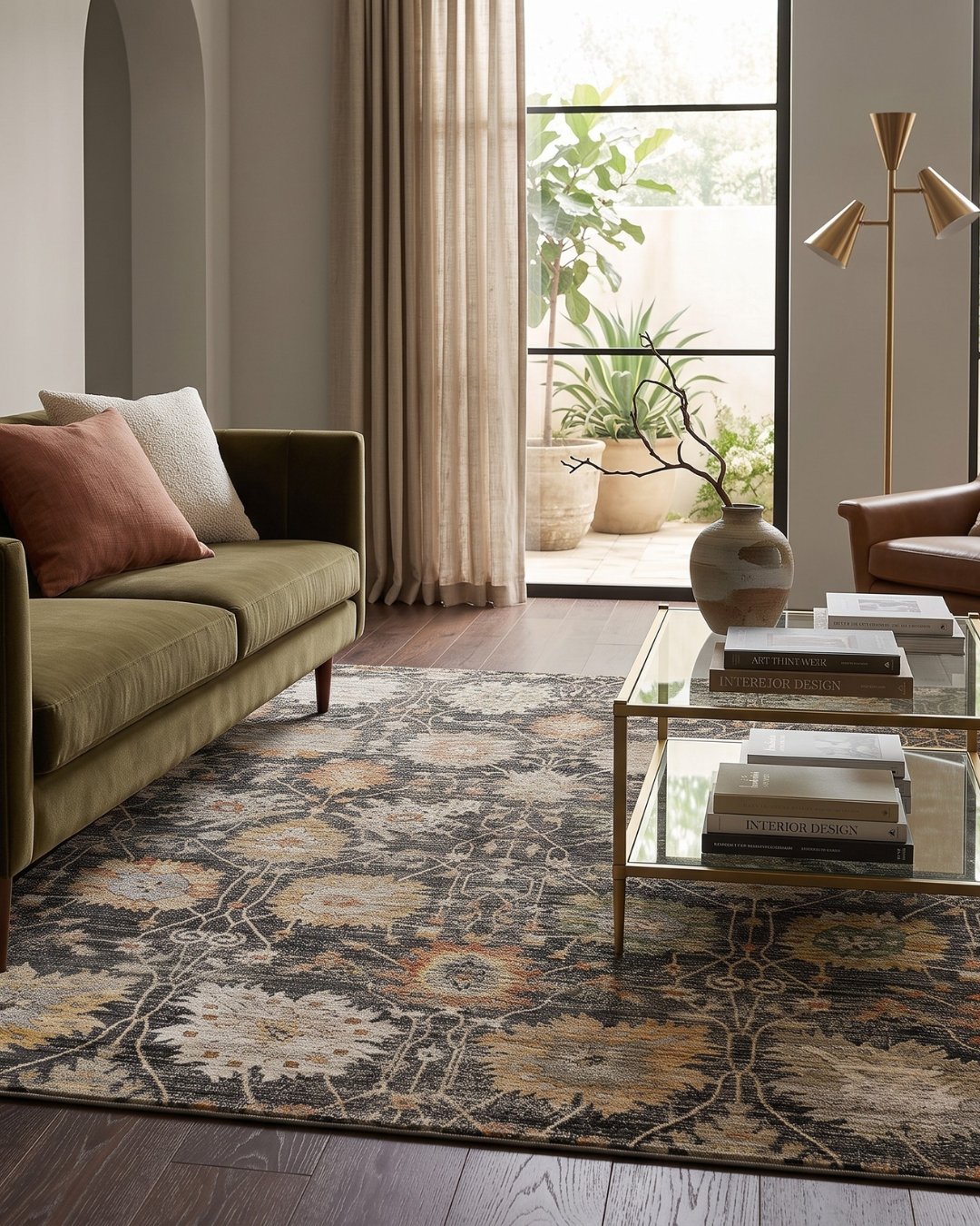 Dalyn Rugs Aristo AR6 Black Style Shot — Black multicolor floral area rug styled in a modern living room.