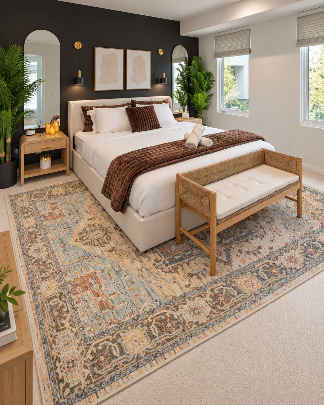 Dalyn Rugs Bergama BE2 Riverview Bedroom — Riverview traditional area rug in blue and warm neutral tones in a bright modern bedroom.