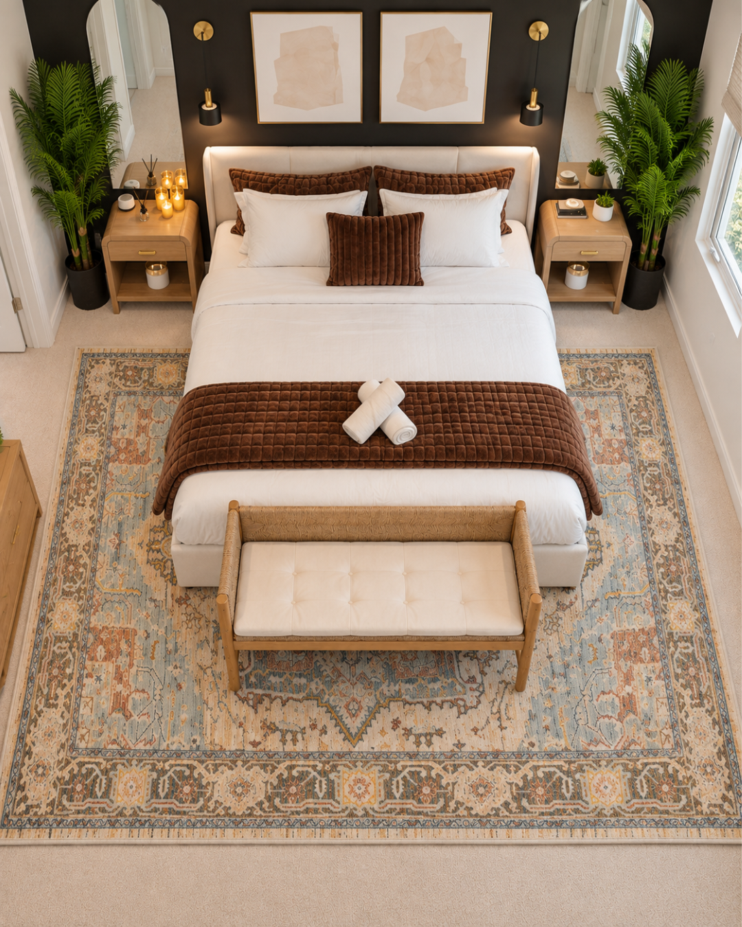Dalyn Rugs Bergama BE2 Riverview Bedroom Overhead Shot — Riverview traditional area rug in soft blue, beige, and rust tones beneath a modern bed.