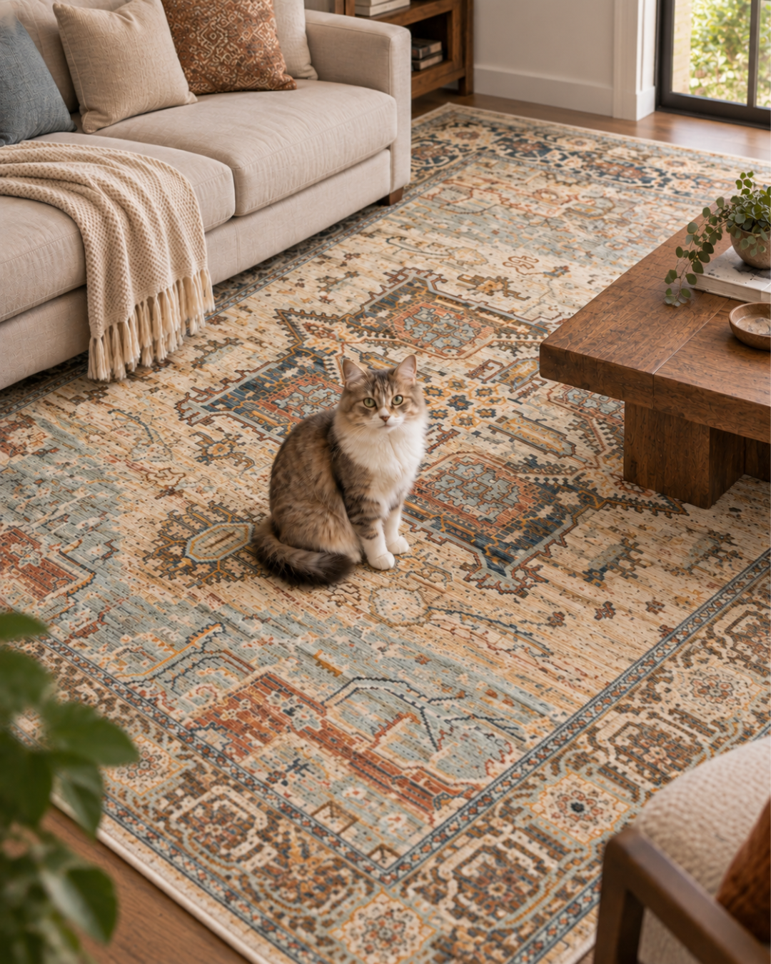 Dalyn Rugs Bergama BE2 Riverview Style Shot — Riverview traditional area rug styled in a warm contemporary living room.