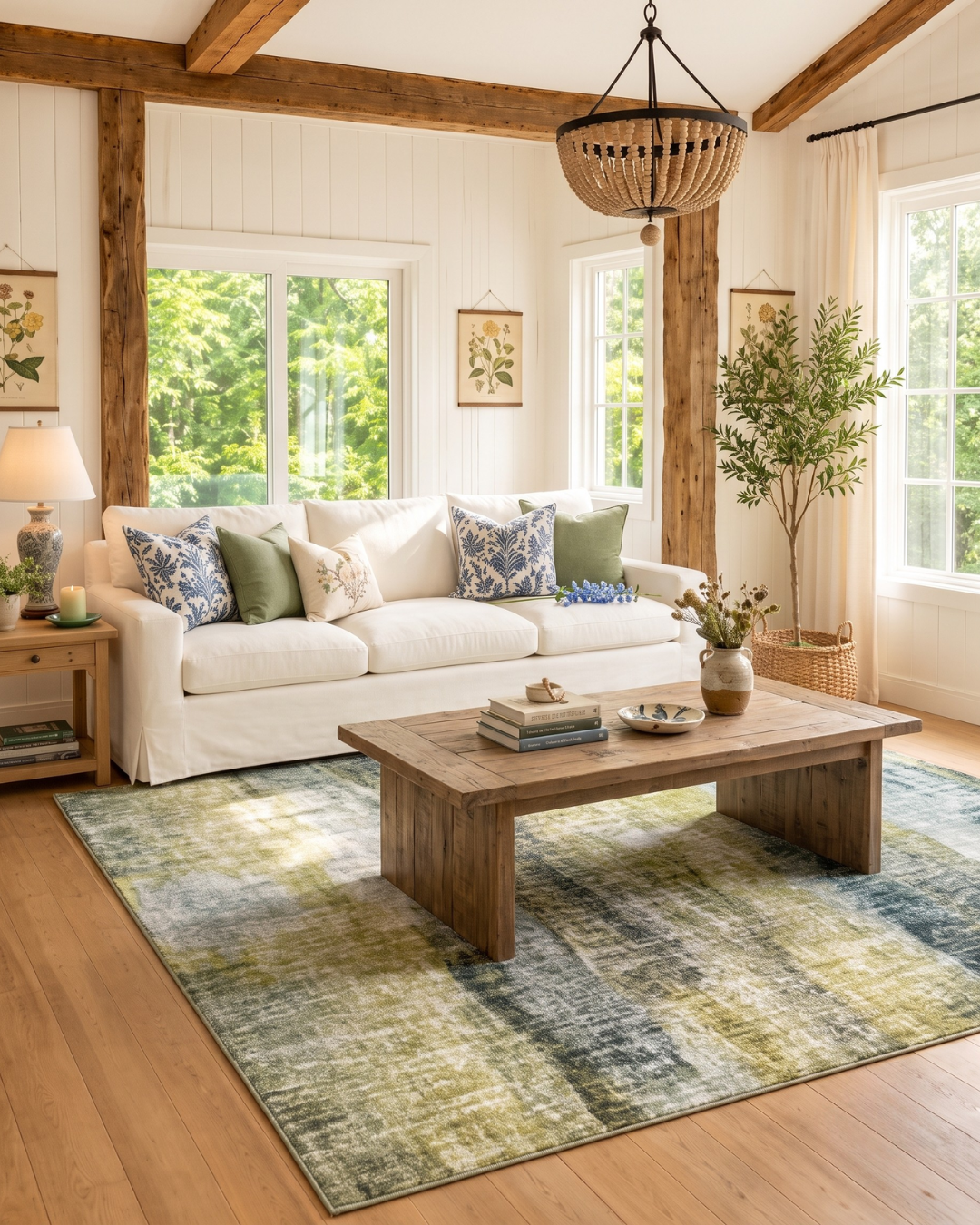 Dalyn Rugs Boca BO4 Khaki Living Room — Khaki green abstract area rug in a bright farmhouse living room.