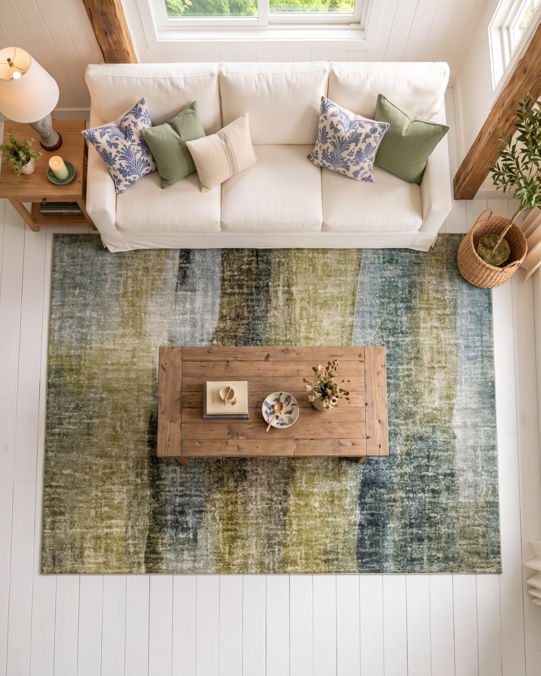 Dalyn Rugs Boca BO4 Khaki Living Room Overhead Shot — Khaki green abstract area rug in an overhead living room view.