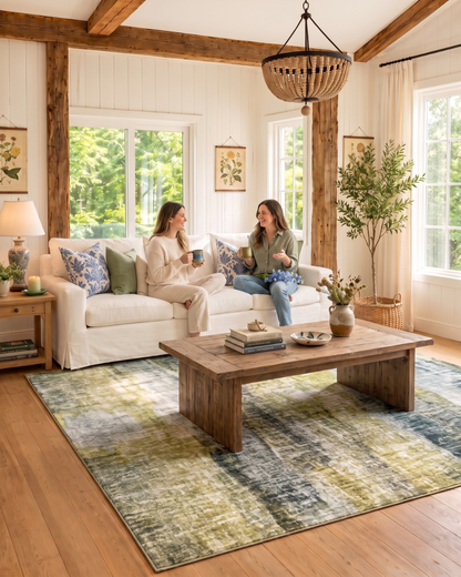 Dalyn Rugs Boca BO4 Khaki Style Shot — Khaki green abstract area rug in a relaxed farmhouse living room.