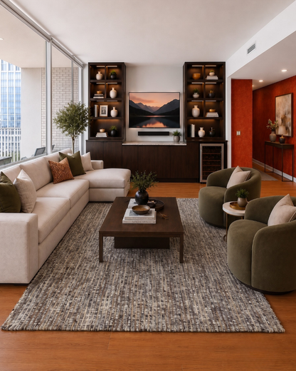 Dalyn Rugs Bondi BD1 Coffee Living Room — Textured coffee area rug in a contemporary living room.