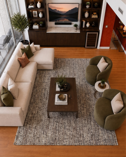 Dalyn Rugs Bondi BD1 Coffee Living Room Overhead Shot — Coffee textured area rug shown from above in a modern living room.