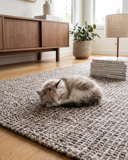 Dalyn Rugs Bondi BD1 Coffee Style Shot — Coffee textured area rug with a cozy cat lifestyle scene.