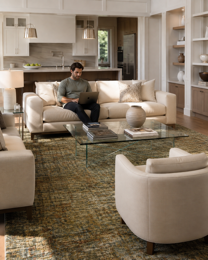 Dalyn Rugs Calisa CS5 Meadow Style Shot — Meadow green abstract area rug in a bright modern living room.