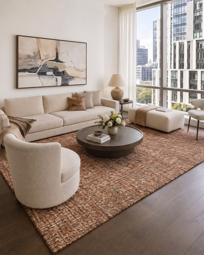 Dalyn Rugs Calisa CS5 Sunset Living Room — Sunset brown patterned area rug styled in a bright contemporary living room.